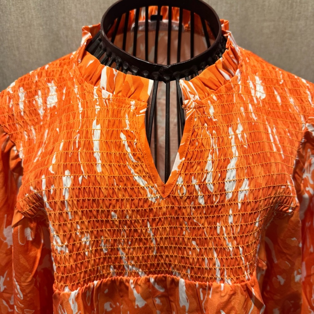 Michelle McDowell - Orange & White Smocked Blouse - size L / XL